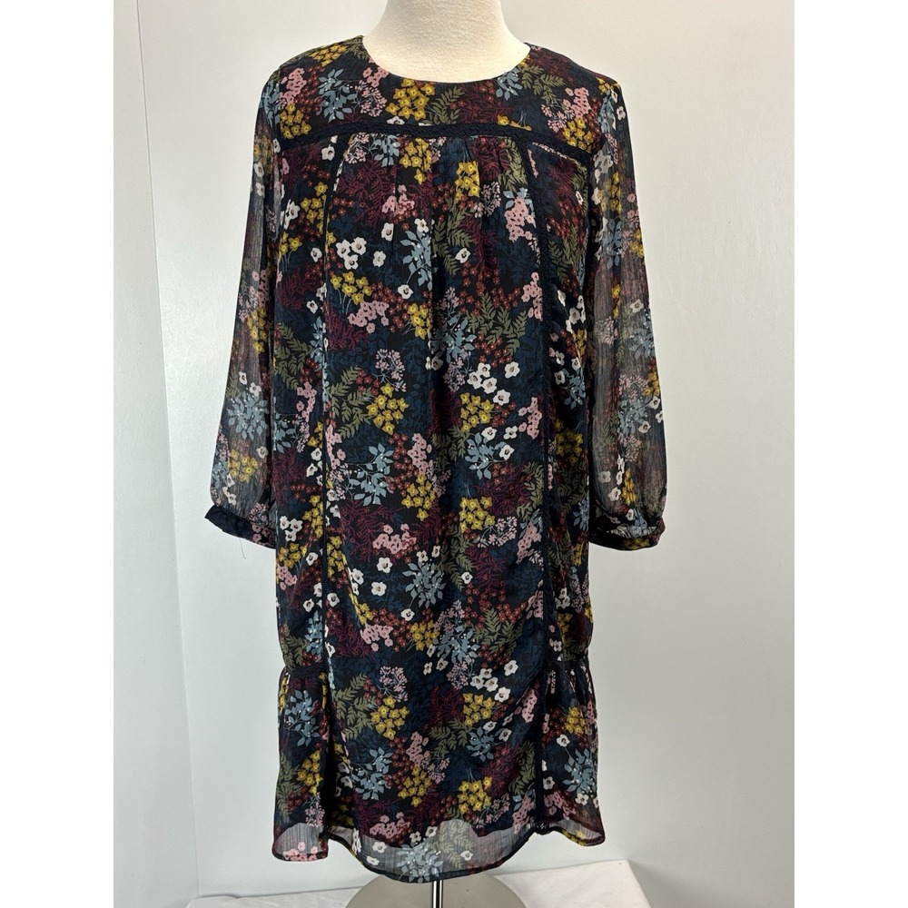 LOFT Mini Dark Floral Shift Dress Sz Medium Petite Sheer Sleeves Romantic Fairy